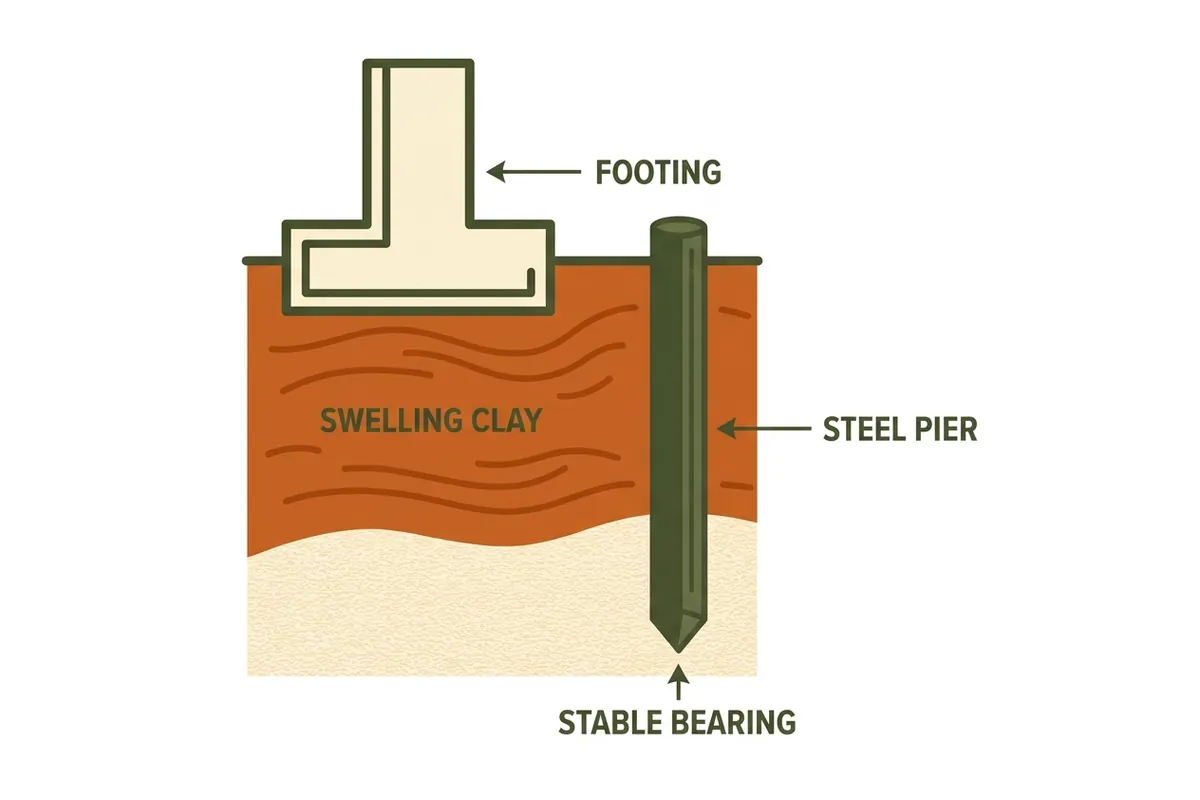 Cutaway diagram: pier driven through swelling Yazoo clay to stable bearing beneath a Jackson footing
